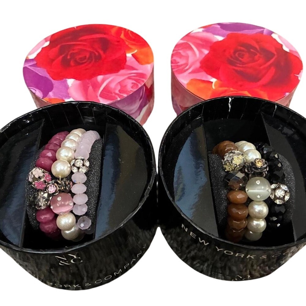 New York & Company Beaded Bracelet Set 2 NWT Pink Brown Genuine Stone Rhinestone